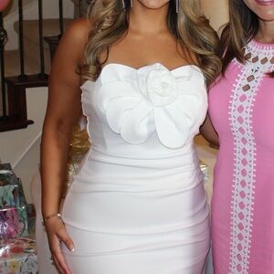 White dress knee length short Scuba Crepe Flower